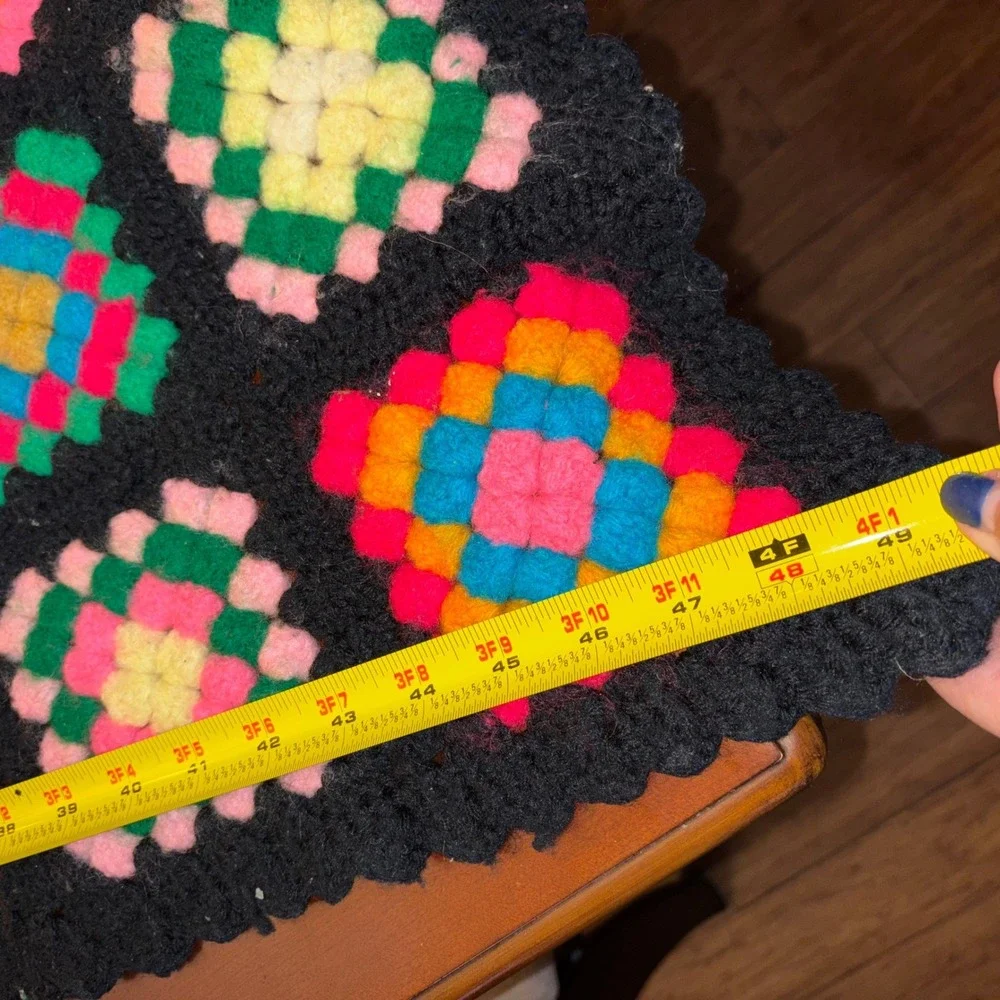 Vintage Handmade Crochet Granny Square Blanket Black Multi Bobble Stitch 60x49‎